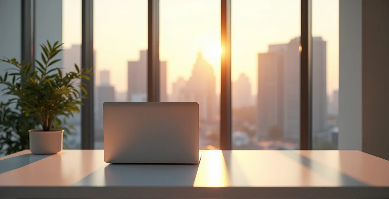 Espace de travail épuré avec vue sur la ville