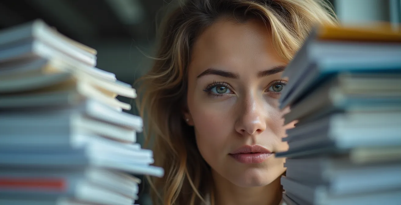 Employé submergé par des piles de documents dans un bureau