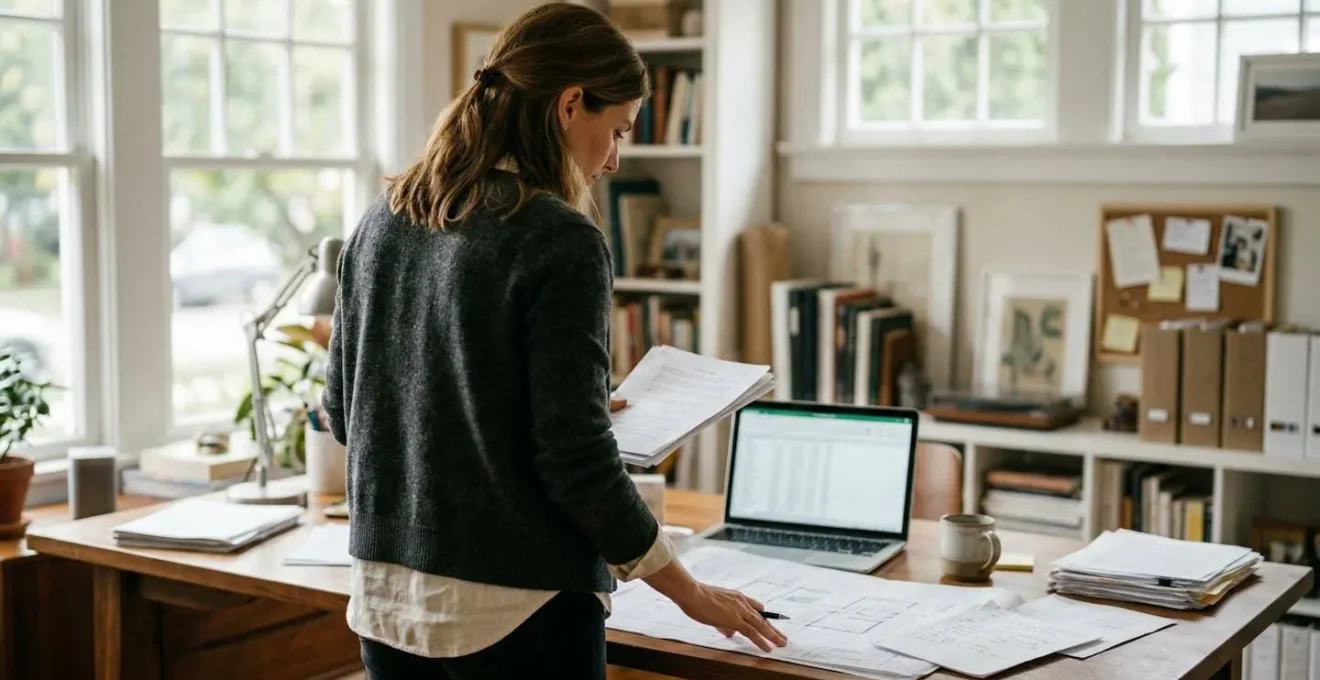 Un dirigeant d'entreprise consulté de dos examine des documents financiers sur un bureau en bois clair, dans un espace de travail baigné de lumière naturelle.