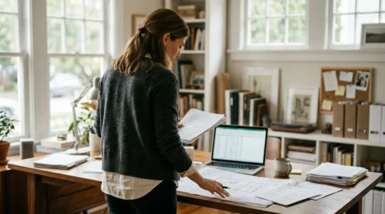Un dirigeant d'entreprise consulté de dos examine des documents financiers sur un bureau en bois clair, dans un espace de travail baigné de lumière naturelle.