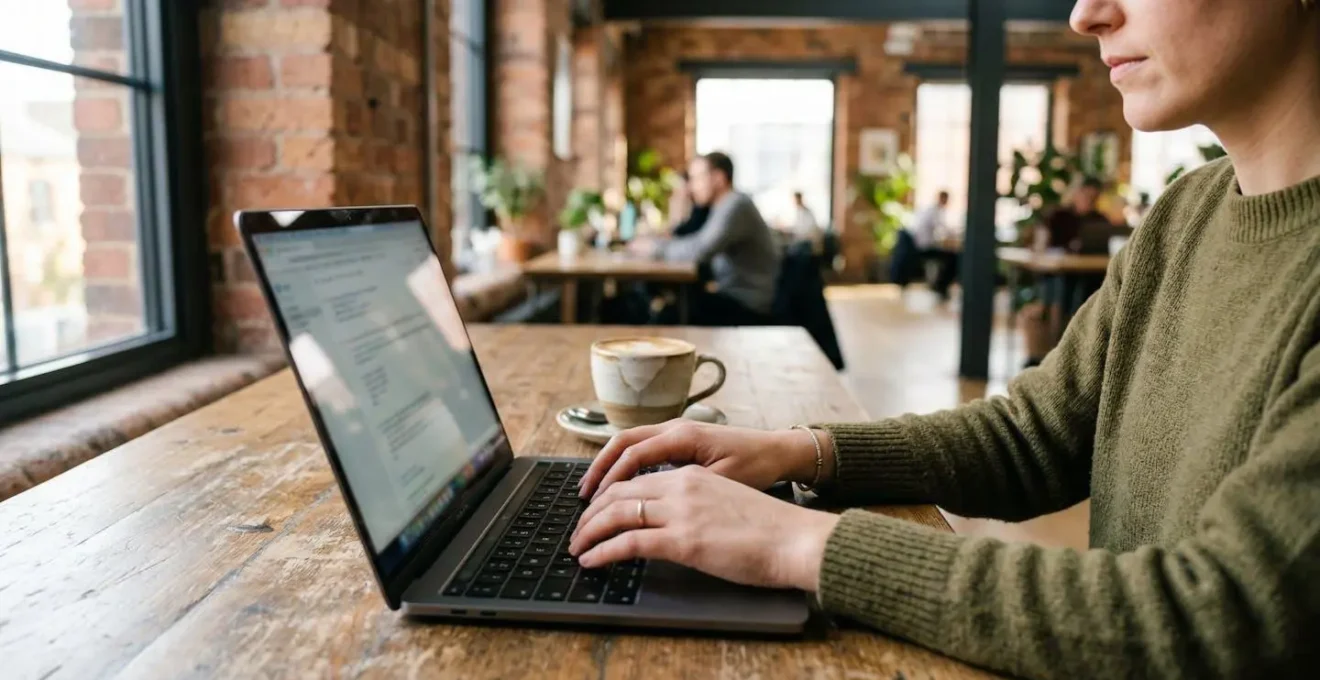 Des mains tapent sur un clavier d'ordinateur portable posé sur un bureau en bois, à côté d'une tasse de café et de documents techniques, dans un environnement lumineux.