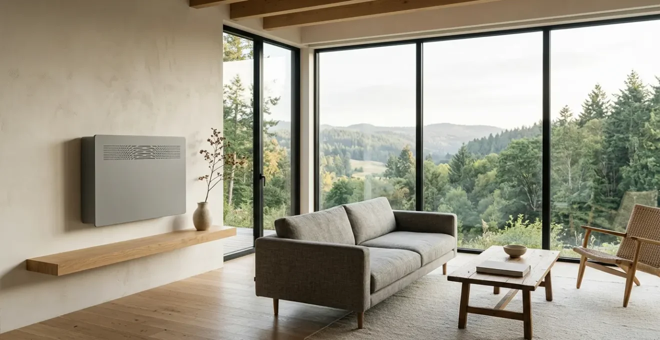 Installation moderne de chauffage bas-carbone avec pompe à chaleur et système de gestion intelligente dans un habitat écoresponsable