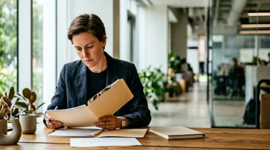 Professionnel analysant des critères de choix énergétiques pour son entreprise dans un environnement de travail contemporain