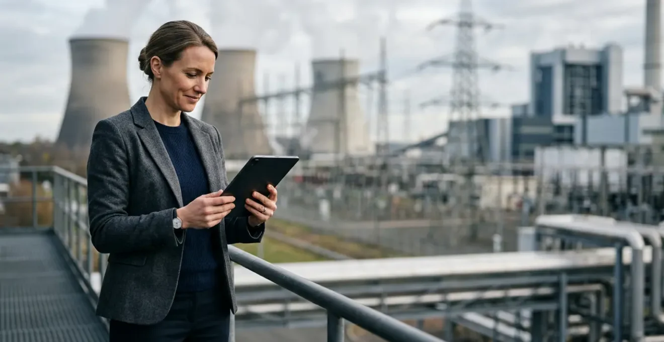 Professionnel de l'énergie consultant des données sur tablette avec infrastructure industrielle en arrière-plan