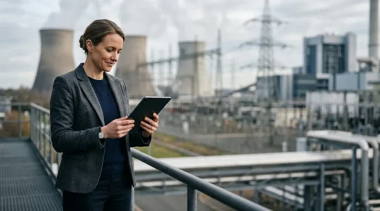 Professionnel de l'énergie consultant des données sur tablette avec infrastructure industrielle en arrière-plan