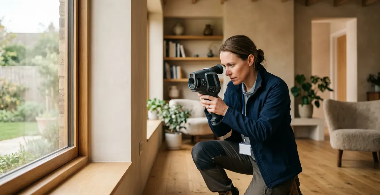 Professionnel réalisant un audit énergétique dans une maison avec équipements de mesure thermique