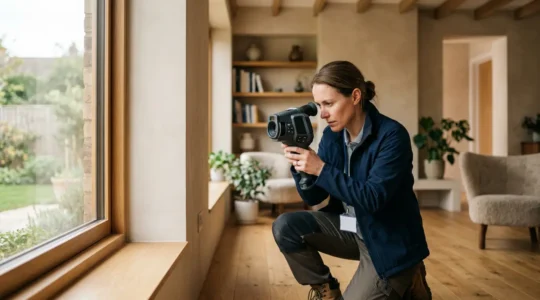 Professionnel réalisant un audit énergétique dans une maison avec équipements de mesure thermique