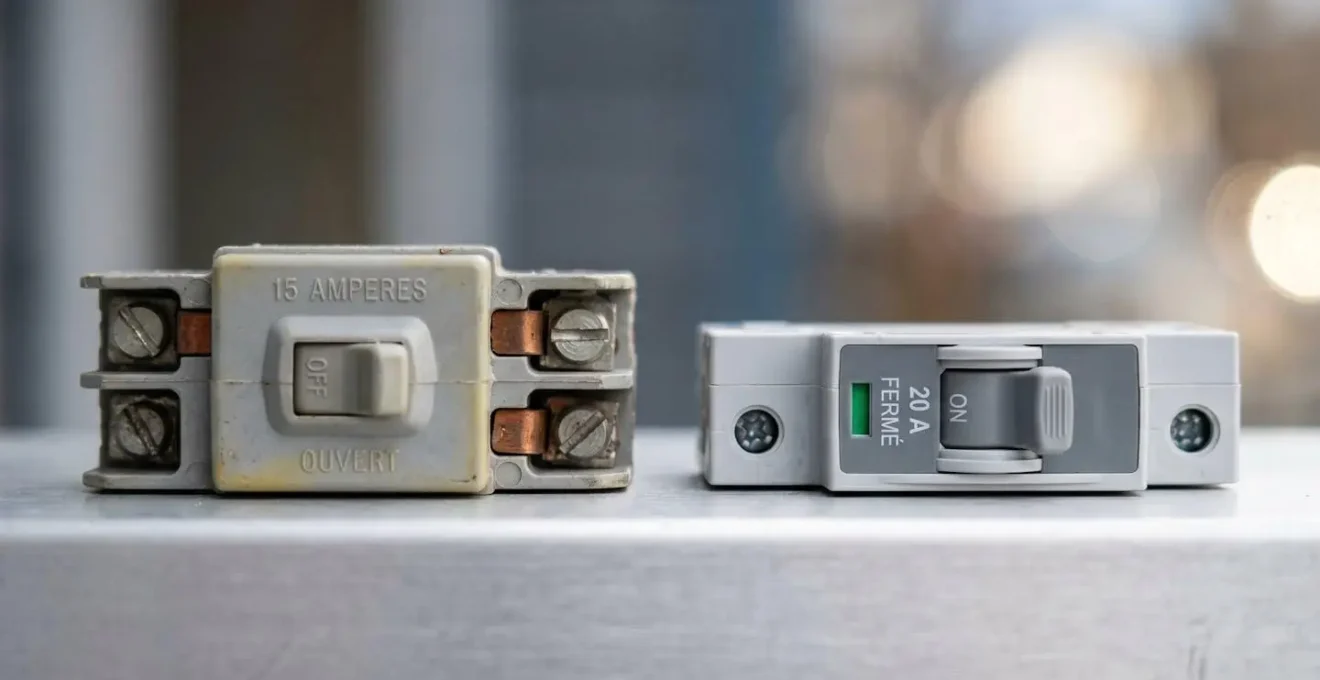 Gros plan sur un ancien disjoncteur à fusible à côté d'un disjoncteur différentiel moderne 30 mA, surface claire et nette
