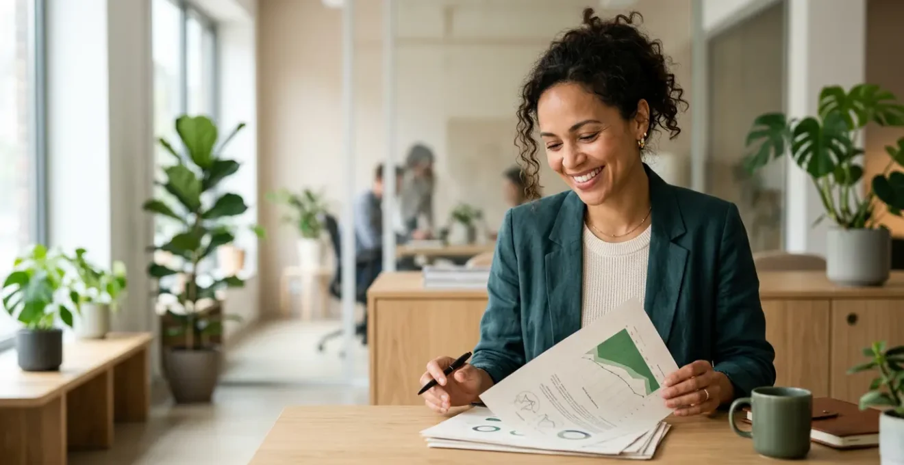 Dirigeant de PME analysant les économies d'énergie dans un bureau moderne