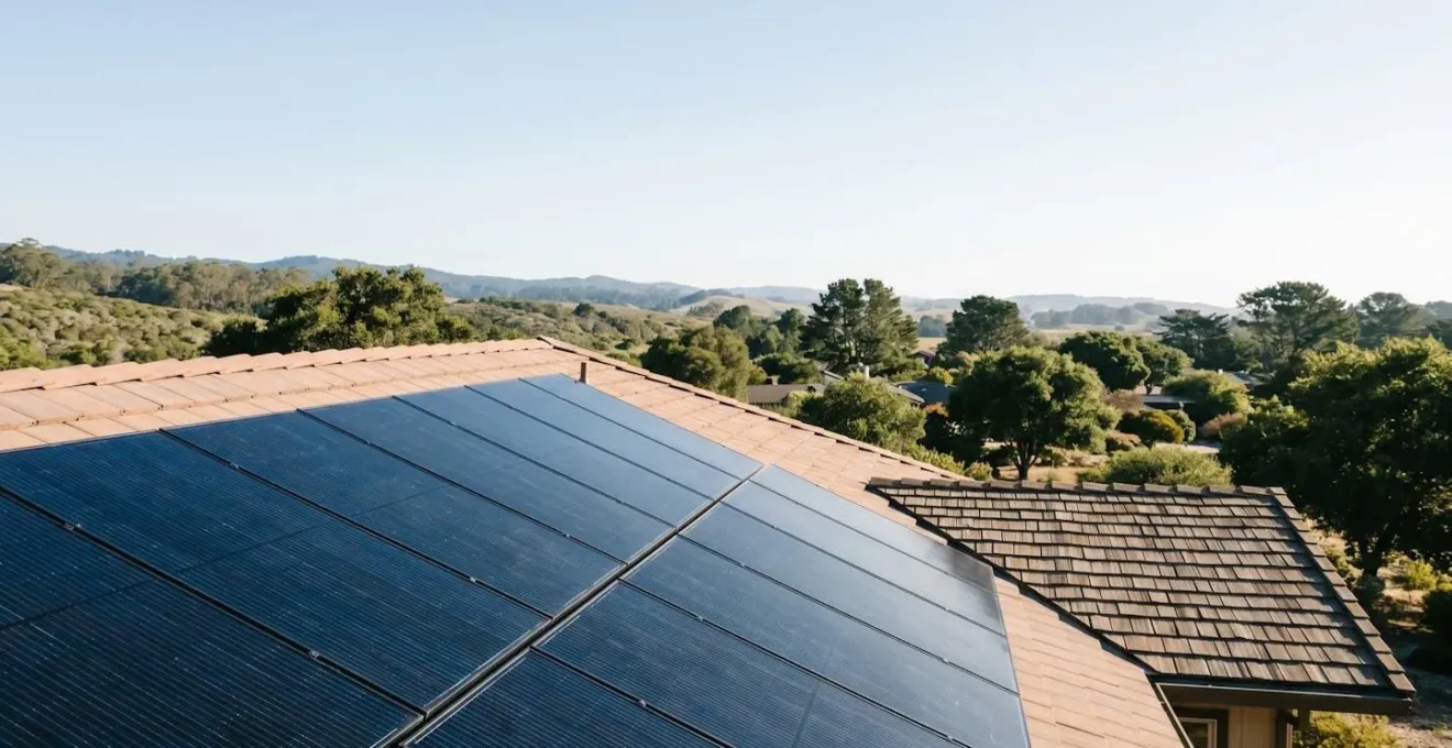 Installation solaire photovoltaïque sur toiture avec environnement naturel illustrant les avantages écologiques