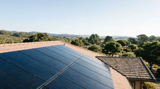 Installation solaire photovoltaïque sur toiture avec environnement naturel illustrant les avantages écologiques