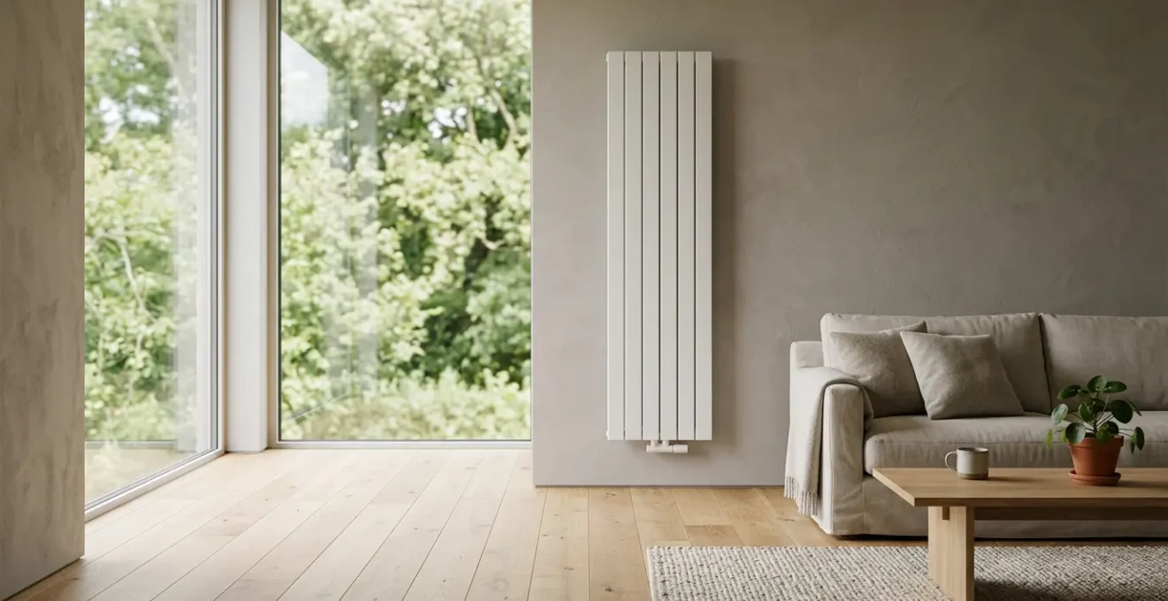 Intérieur lumineux d'une maison moderne avec radiateur et ambiance confortable illustrant les économies d'énergie