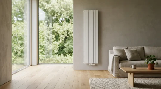 Intérieur lumineux d'une maison moderne avec radiateur et ambiance confortable illustrant les économies d'énergie