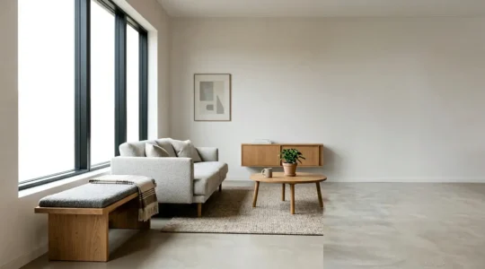 Intérieur chaleureux d'une maison moderne avec système de chauffage efficace et isolation visible
