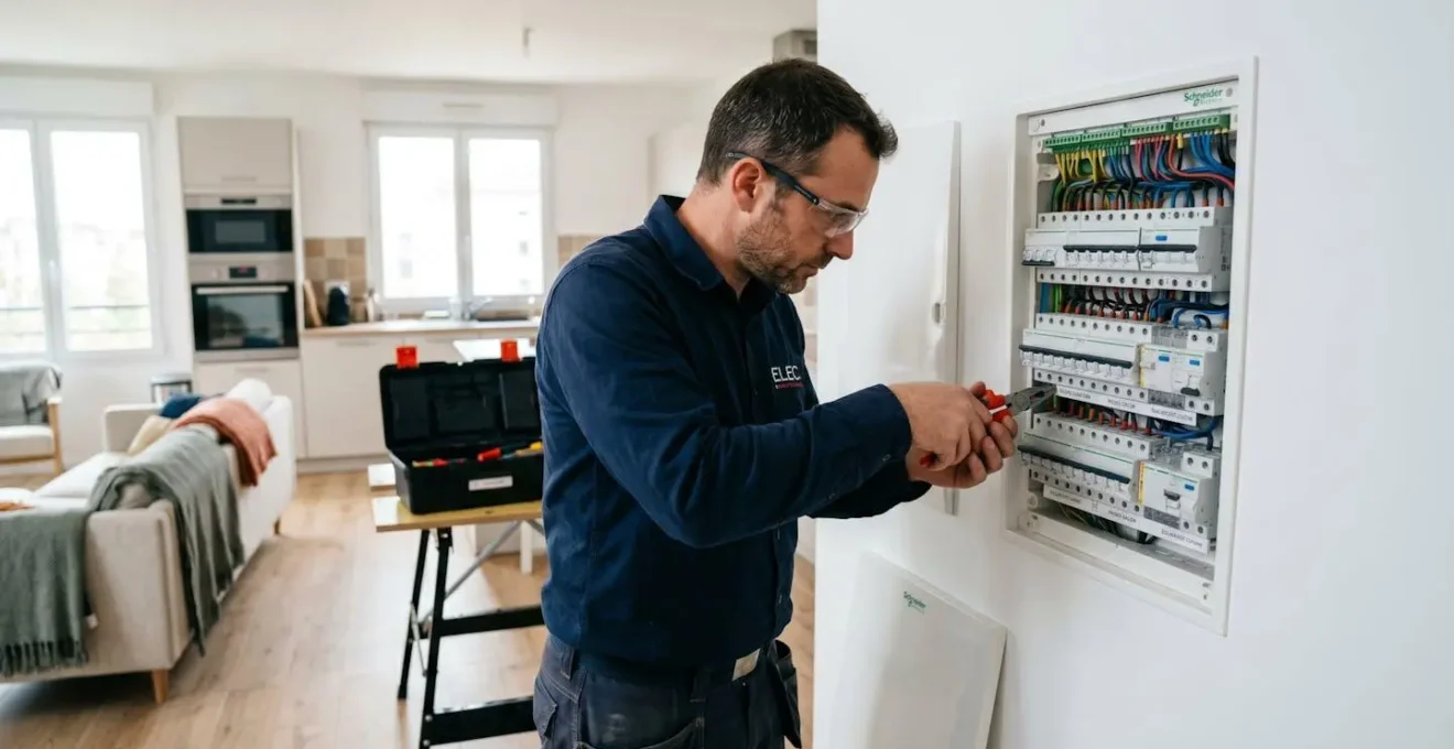 Un électricien vu de dos travaille sur un tableau électrique ouvert dans un intérieur résidentiel lumineux et contemporain