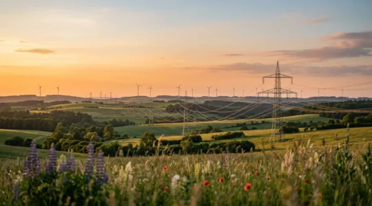 Réseau électrique européen avec symboles énergies renouvelables et certification
