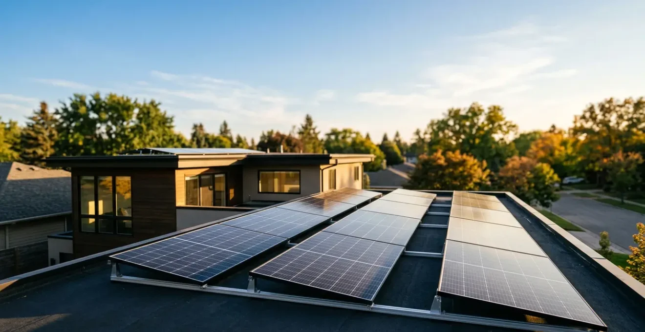 Installation photovoltaïque résidentielle avec panneaux solaires sur toiture orientée vers le soleil
