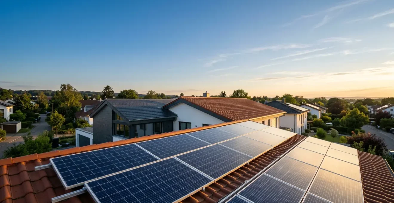 Installation de panneaux solaires photovoltaïques sur une toiture résidentielle avec un ciel dégagé