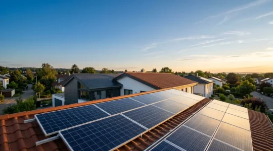 Installation de panneaux solaires photovoltaïques sur une toiture résidentielle avec un ciel dégagé