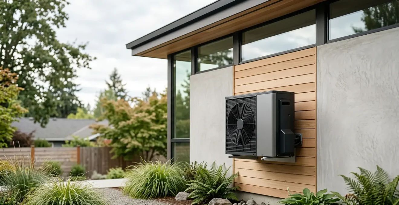 Installation moderne de pompe à chaleur sur façade de maison contemporaine avec unité extérieure