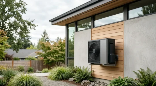 Installation moderne de pompe à chaleur sur façade de maison contemporaine avec unité extérieure