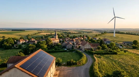 Production d'électricité locale dans une commune rurale avec panneaux solaires et éoliennes