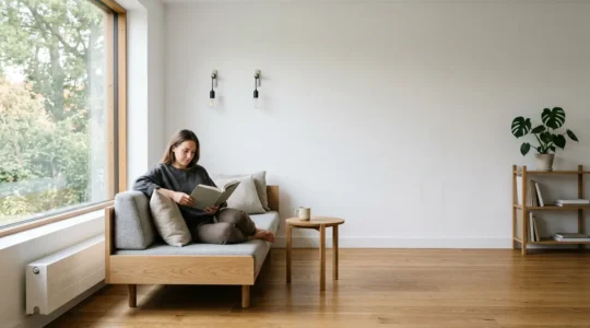 Scène domestique minimaliste évoquant l'économie d'énergie dans un foyer moderne