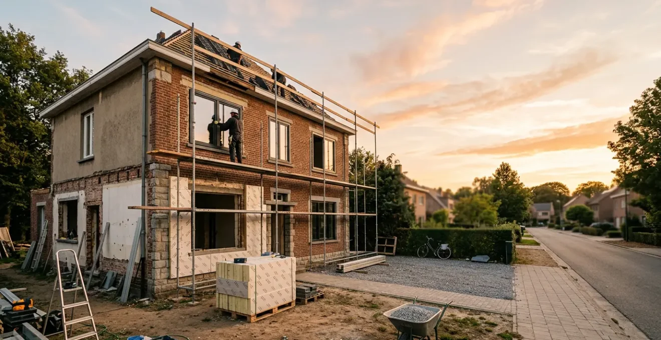 Maison ancienne en pleine rénovation énergétique avec matériaux d'isolation et équipements modernes visibles