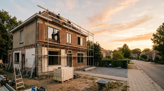 Maison ancienne en pleine rénovation énergétique avec matériaux d'isolation et équipements modernes visibles