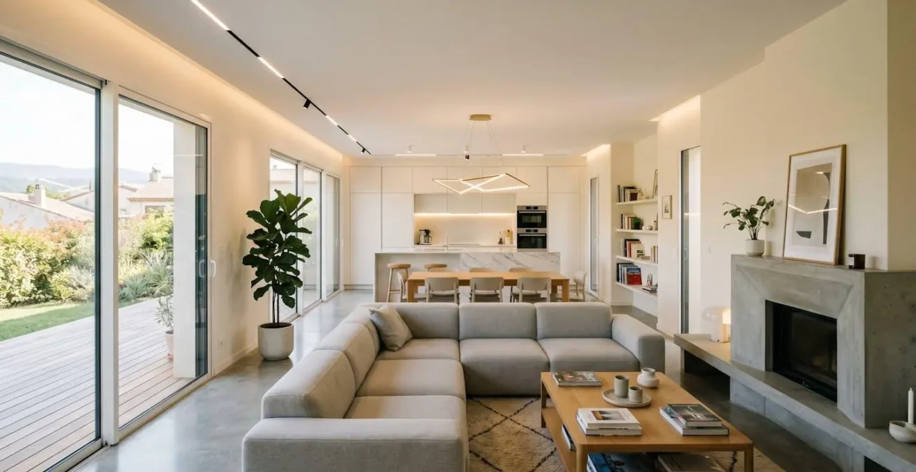 Intérieur d'un salon contemporain français baigné de lumière naturelle avec des luminaires LED discrets et modernes, aucune présence humaine