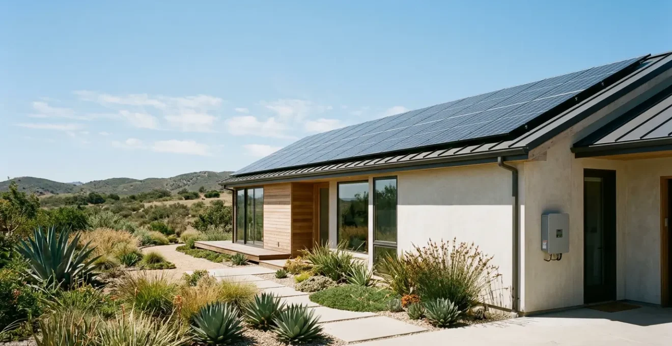 Système de monitoring solaire moderne affichant les flux d'énergie en temps réel dans un environnement résidentiel naturel