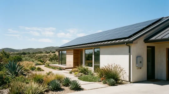 Système de monitoring solaire moderne affichant les flux d'énergie en temps réel dans un environnement résidentiel naturel