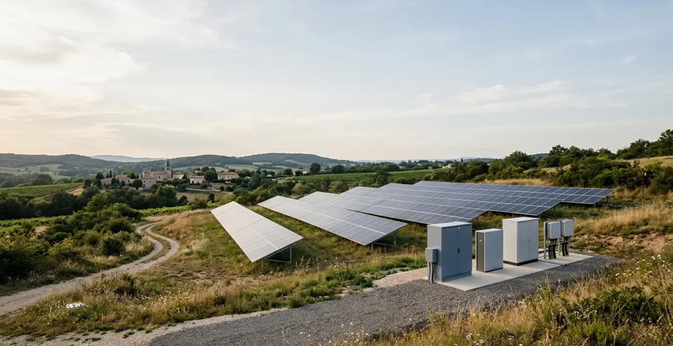 Installation d'énergies renouvelables modernes avec panneaux solaires et systèmes de stockage dans un environnement français