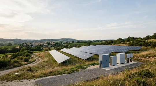 Installation d'énergies renouvelables modernes avec panneaux solaires et systèmes de stockage dans un environnement français