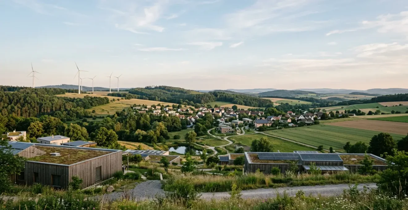 Vue panoramique d'un territoire urbain et rural en transition énergétique avec infrastructures durables