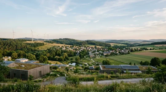 Vue panoramique d'un territoire urbain et rural en transition énergétique avec infrastructures durables