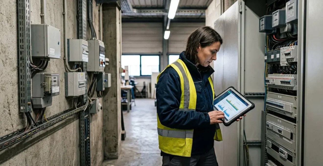 Consultante en énergie examinant un compteur électrique professionnel dans un local technique industriel, tablette en main affichant des données de consommation