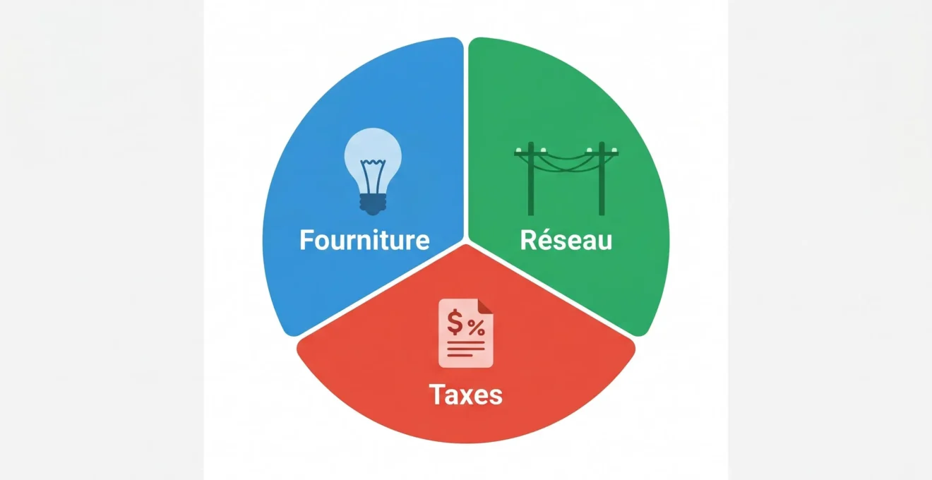 Diagramme en camembert décomposant les trois composantes du prix de l'électricité : fourniture, réseau TURPE et taxes