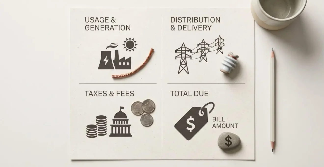 Schéma illustratif des quatre postes d'une facture d'électricité professionnelle avec proportions relatives