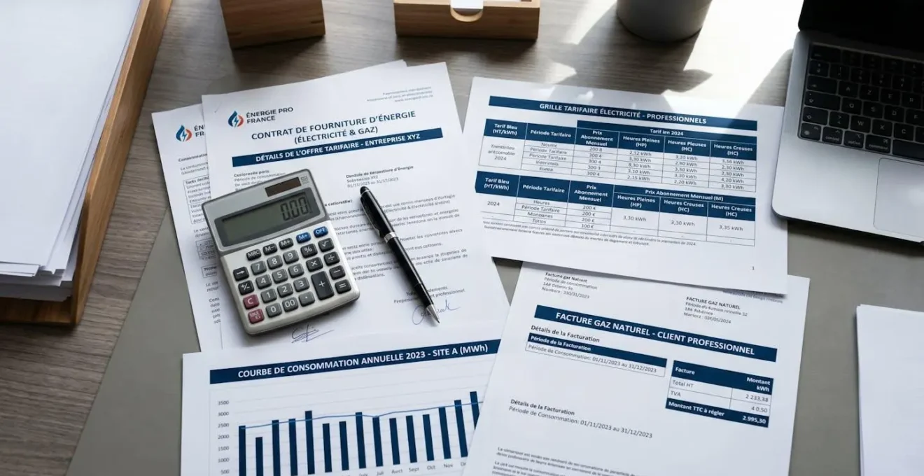 Documents professionnels de contrats énergétiques étalés sur un bureau avec factures d'électricité, grilles tarifaires et calculatrice pour analyse comparative