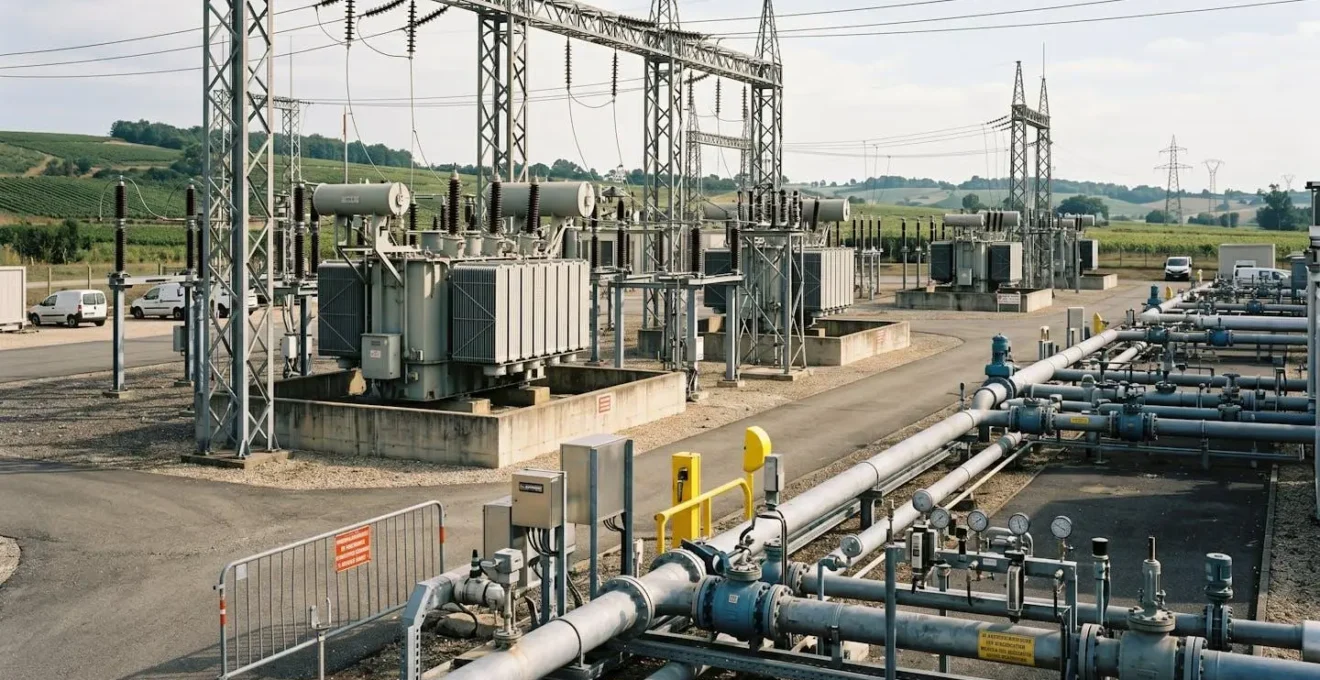 Installation de transformation électrique haute tension dans la région bordelaise, montrant l'infrastructure métallique de distribution d'énergie pour professionnels avec équipements de mesure et tuyauterie industrielle