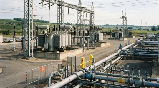 Installation de transformation électrique haute tension dans la région bordelaise, montrant l'infrastructure métallique de distribution d'énergie pour professionnels avec équipements de mesure et tuyauterie industrielle