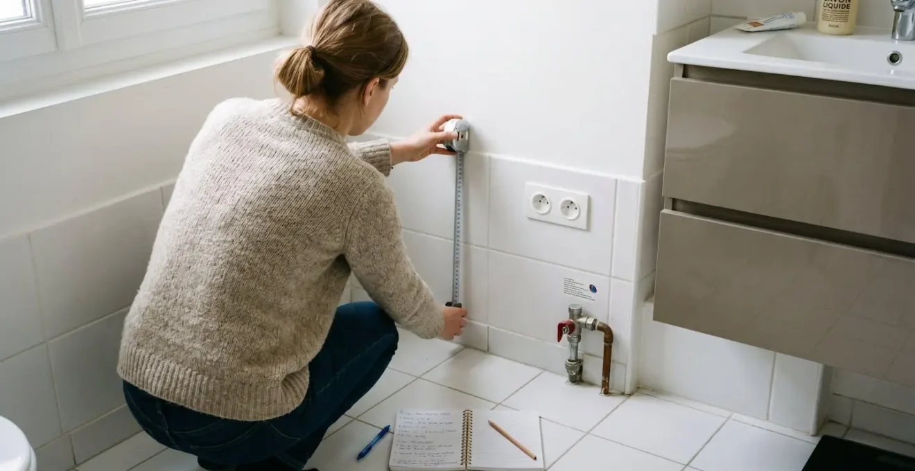 Personne mesurant à l'aide d'un mètre ruban l'emplacement dédié à une machine à laver dans une salle de bain contemporaine française, avec carnet de notes posé au sol