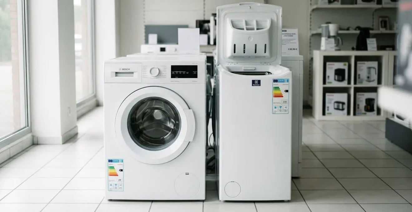 Rayon d'électroménager avec machines à laver frontale et à chargement par le haut exposées côte à côte, étiquettes énergétiques européennes affichées sur les façades