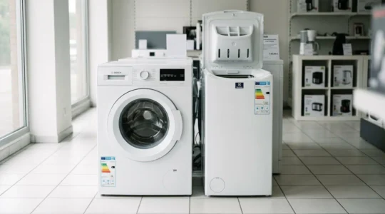 Rayon d'électroménager avec machines à laver frontale et à chargement par le haut exposées côte à côte, étiquettes énergétiques européennes affichées sur les façades
