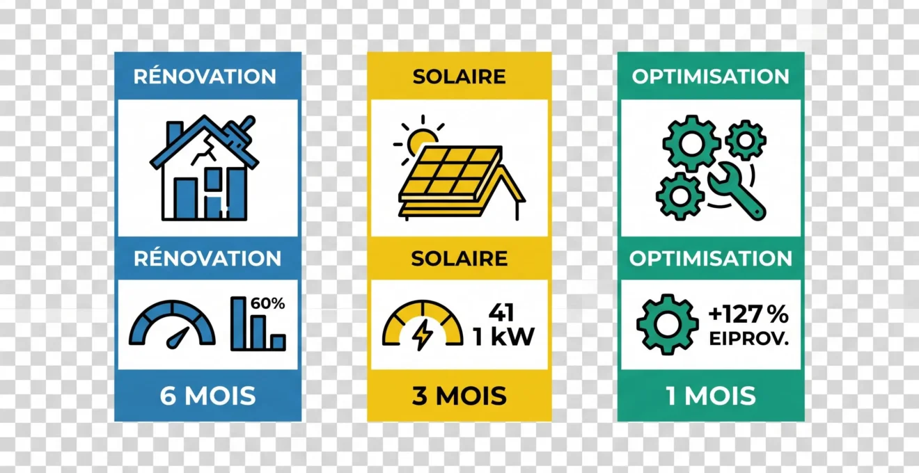 Trois blocs représentant les stratégies d'efficacité énergétique en entreprise : rénovation thermique, solaire, optimisation tarifaire