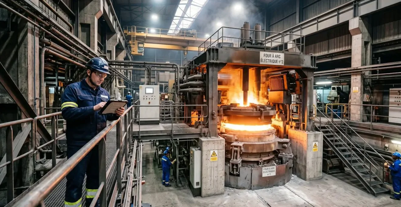 Four électrique de métallurgie en fonctionnement dans une usine française avec contrôleur vérifiant les paramètres industriels