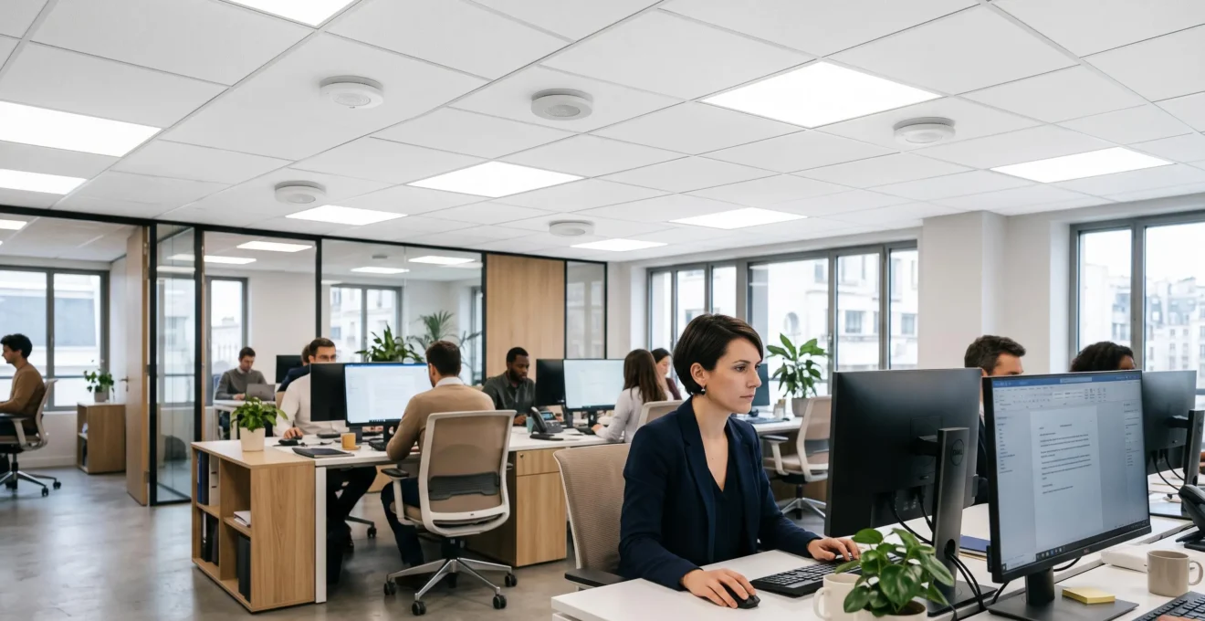 Luminaires LED professionnels encastrés dans faux-plafond modulaire d'open-space avec détecteurs de présence circulaires intégrés, collaboratrice au travail en arrière-plan