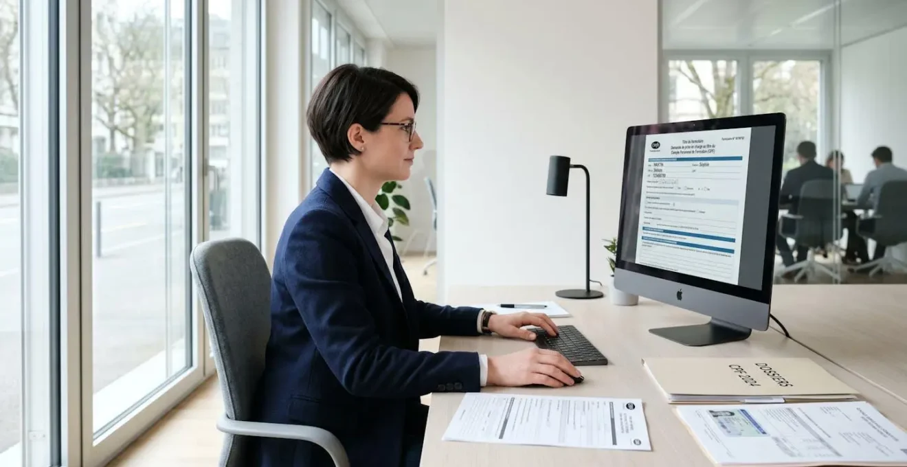 Responsable administratif complétant le formulaire Cerfa 16196*02 sur ordinateur avec documents justificatifs organisés