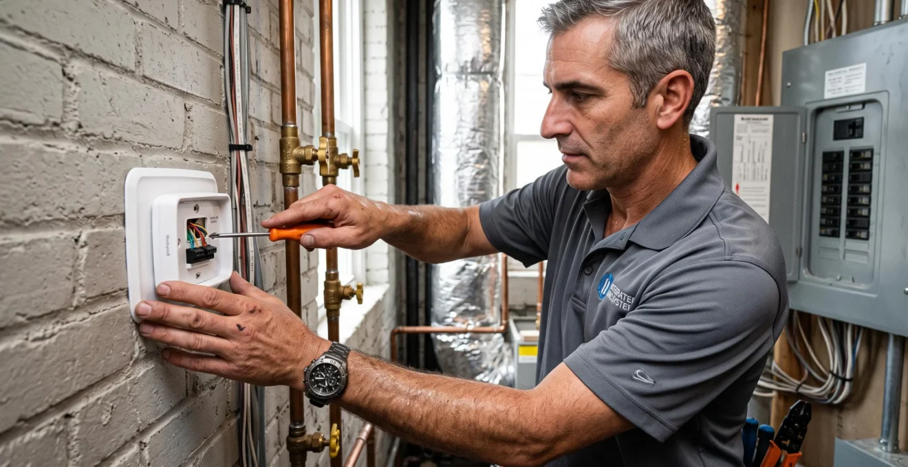 Technicien chauffagiste installant un thermostat connecté mural dans local technique équipé, avec tuyauterie et gaines visibles en arrière-plan